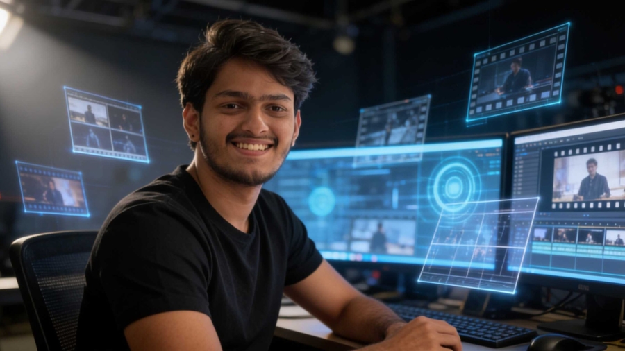 Ayush Kansara reviewing AI-generated film frames at the Think Pixel Visuals production studio — building the future of brand content, one AI frame at a time.