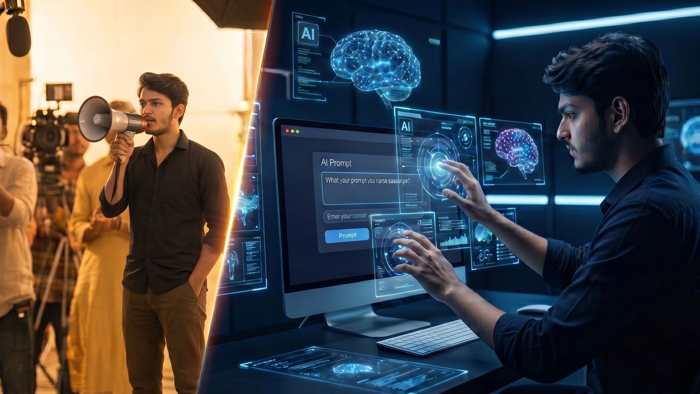 Split-screen cinematic image showing a traditional Bollywood film set with a large crew on the left, and a sleek AI-powered production workspace with glowing monitors on the right — representing the shift from traditional OTT to AI vertical drama production. | Think Pixel Visuals